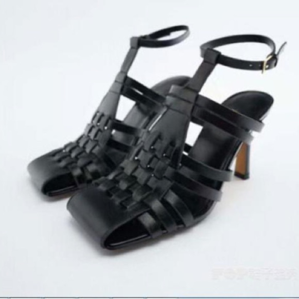 Zara Black Leather Heeled Sandals, Size 6 / 36 EU  - Like New